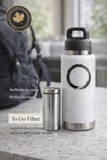 White water bottle with black lid on a countertop, with text about refillability and sustainability.