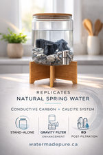 Glass water filter with wooden base on a light surface, with text about natural spring water replication.