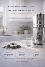 Berkey water filter with a glass of water on a kitchen counter, emphasizing balanced hydration.